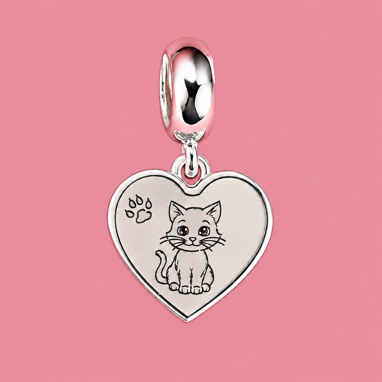 Berloque de prata 925 coração gato chapa