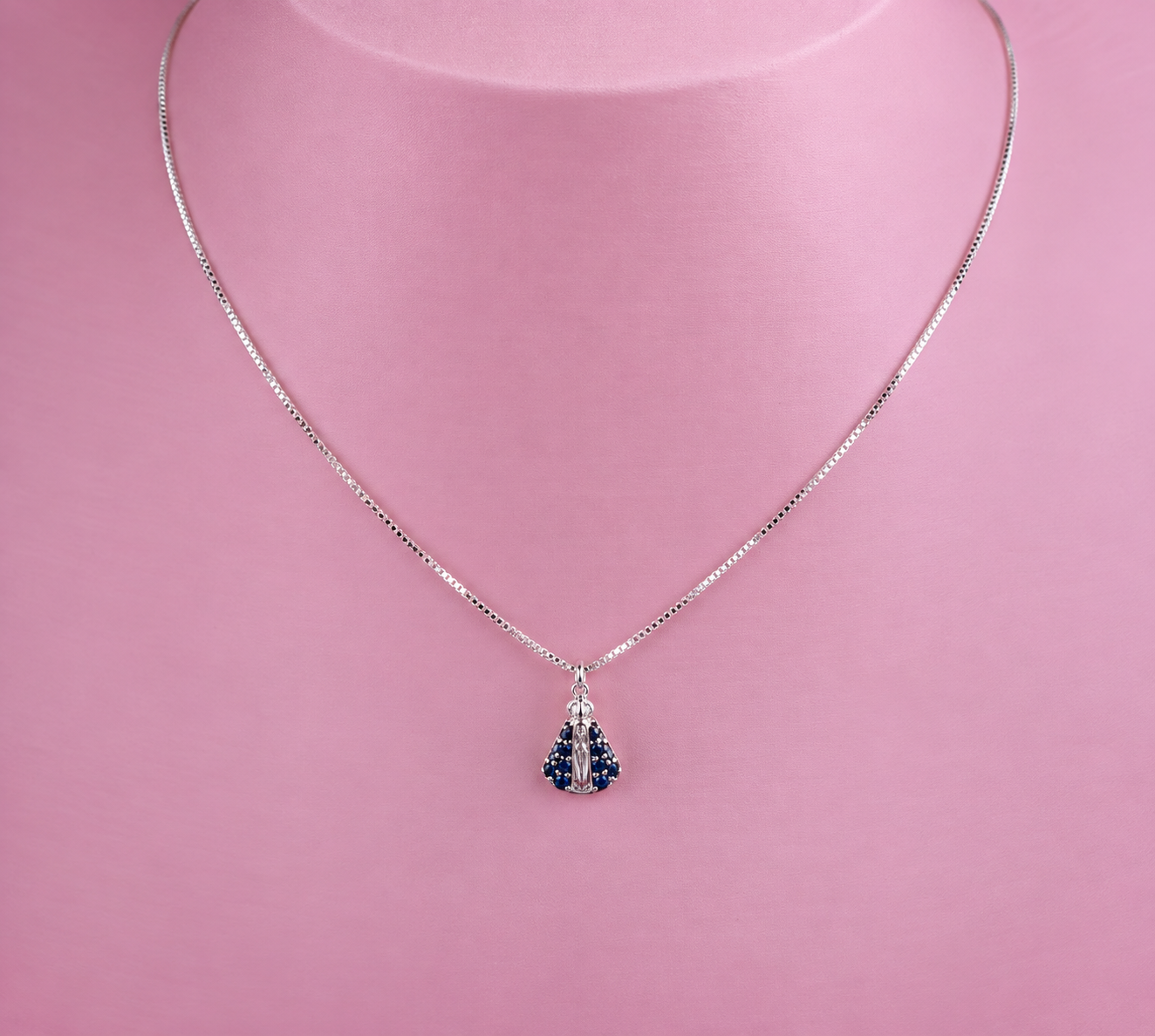 Corrente de prata 925 com ping nossa senhora azul P - 45cm