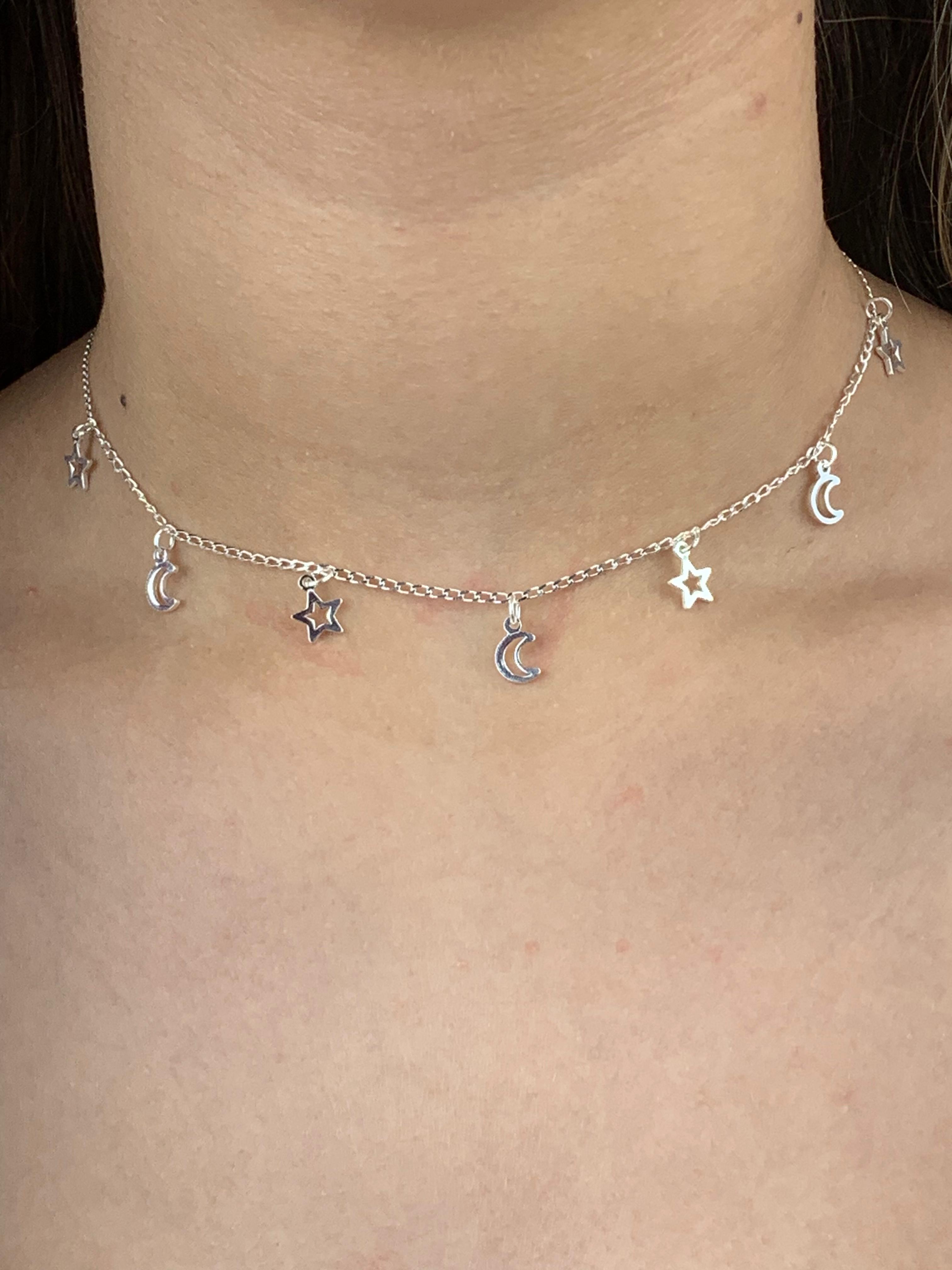 Choker de Prata 925 estrela e lua vazada 3,6G