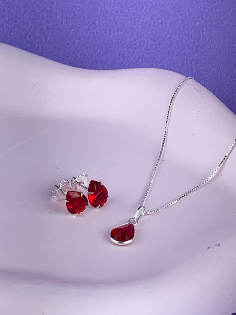 Conjunto de Prata 925 gota 6MM vermelho - 45cm