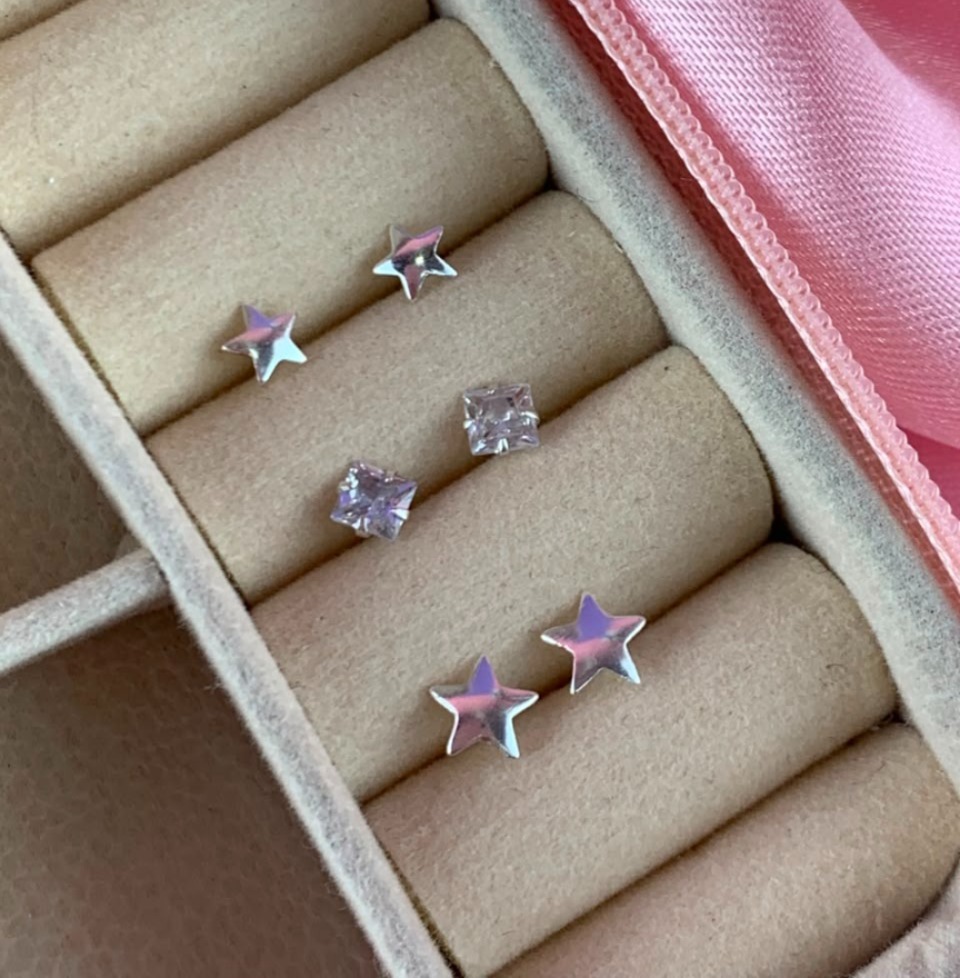 Trio de Brincos de Prata 925 estr cheia / zirc / estrela