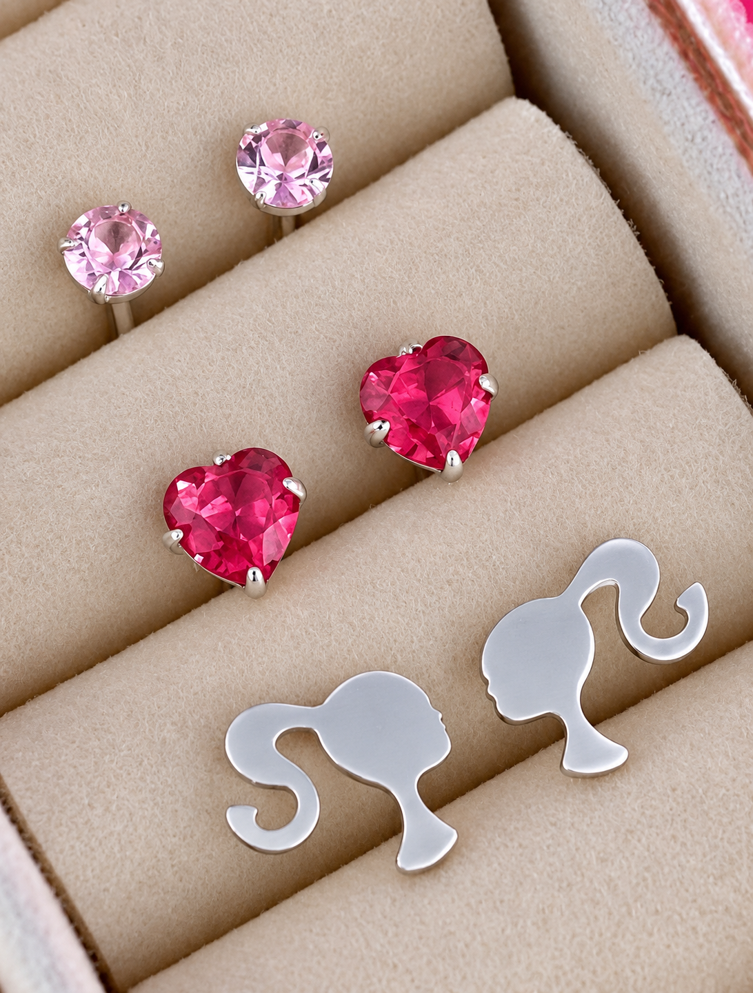 Trio de Brincos de Prata 925 rosa / pink / barbie