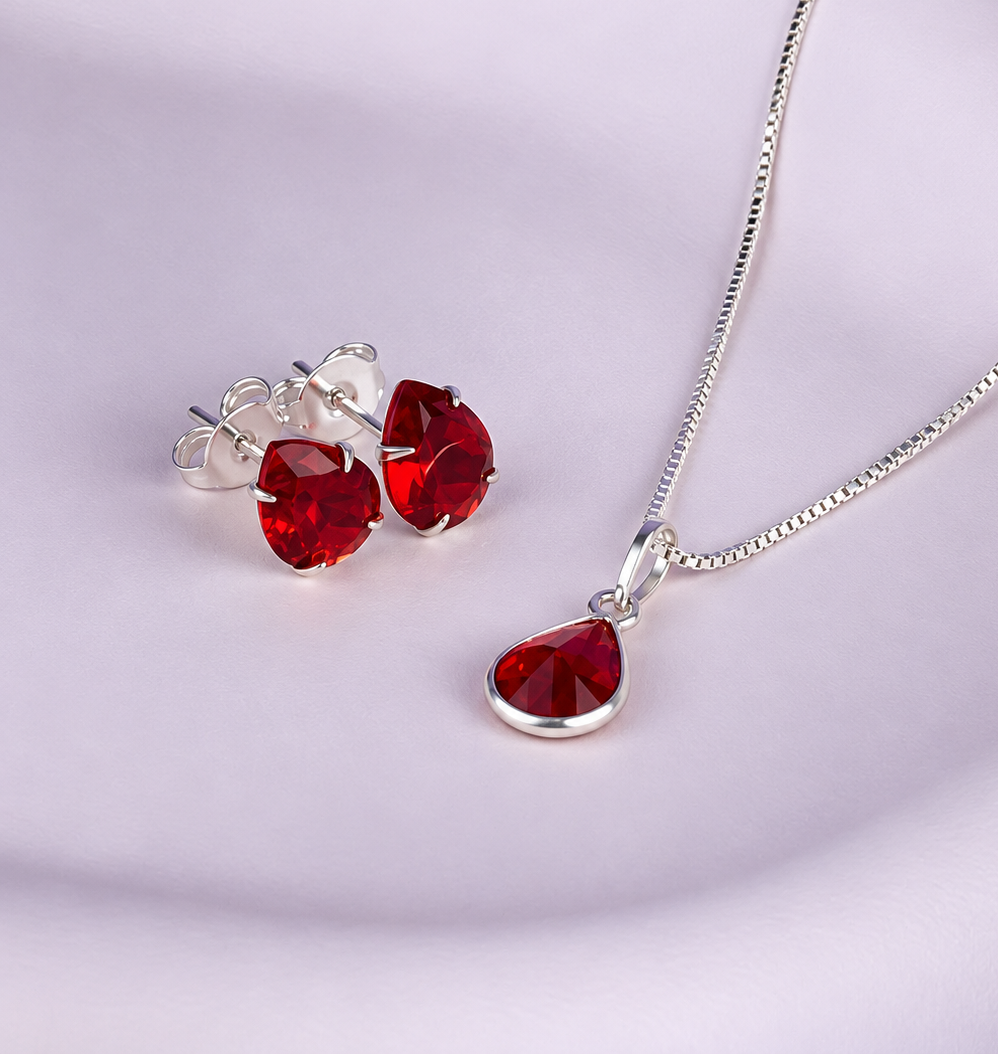 Conjunto de Prata 925 gota 6MM vermelho - 45cm